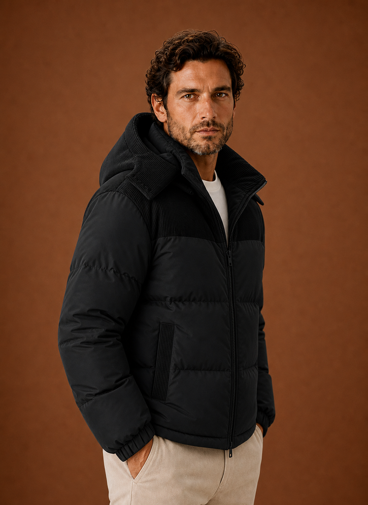 Men's corduroy collar hooded puffer jacket — additional view