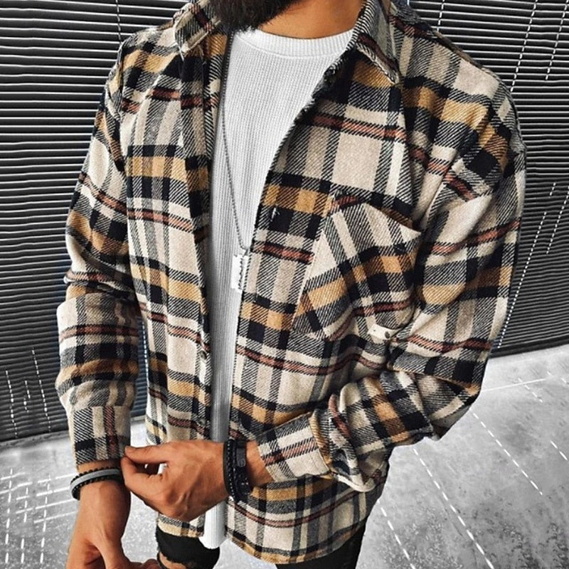 Men's rugged checked flannel overshirt in khaki — alternate view