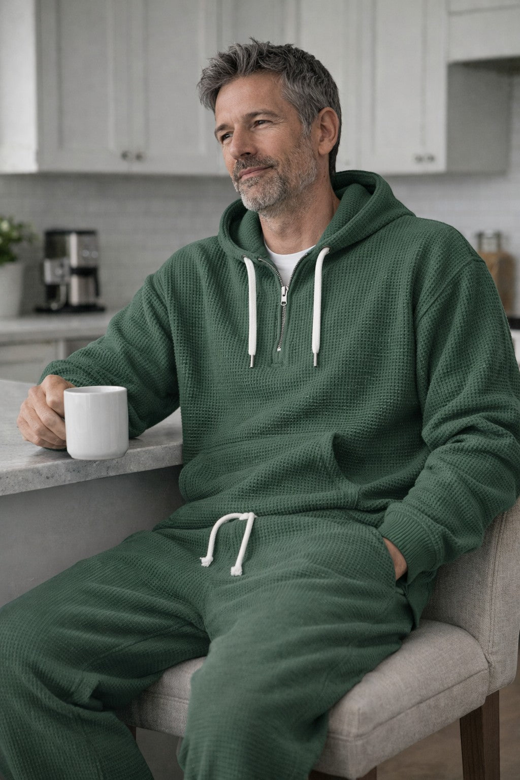 Men's half-zip waffle-knit hoodie — detail view