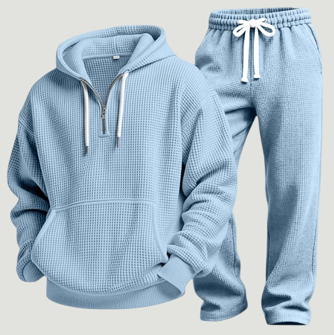 Men's half-zip waffle-knit hoodie in sky blue — additional view