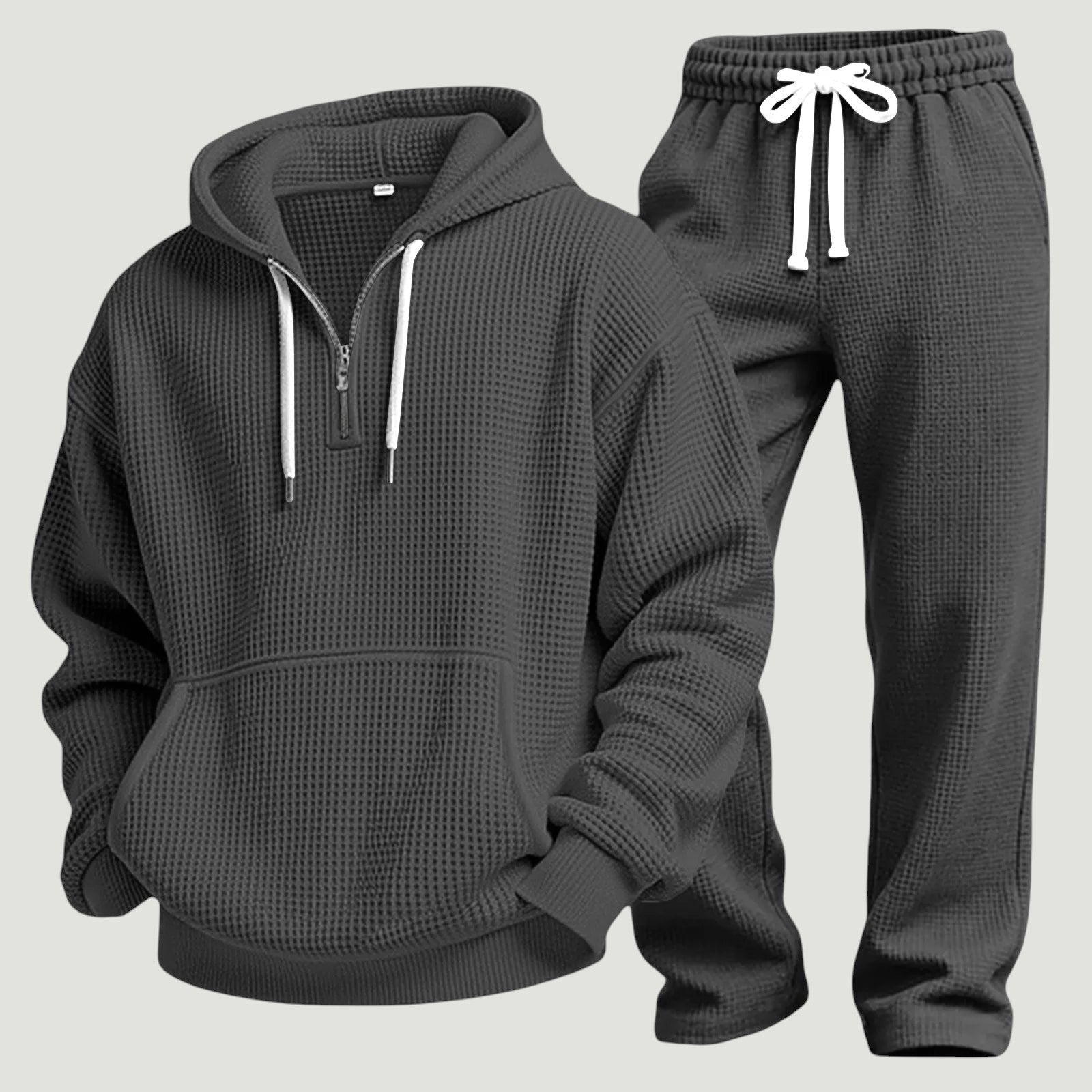 Men's half-zip waffle-knit hoodie in black — additional view