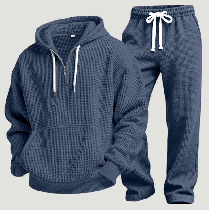 Men's half-zip waffle-knit hoodie in dark blue — additional view