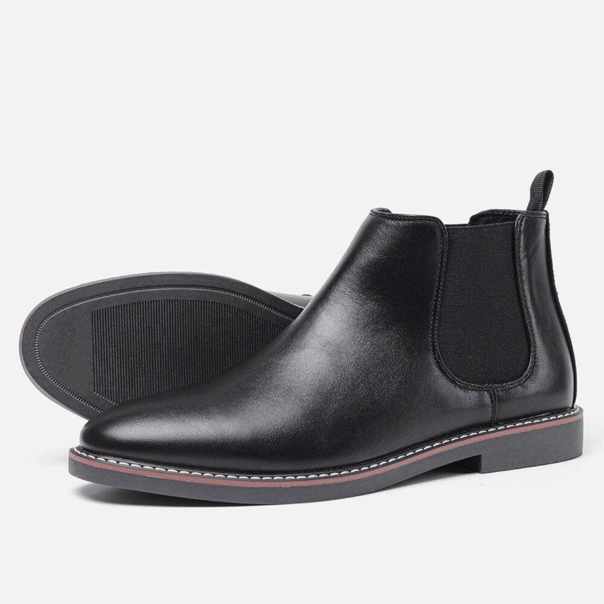 Men's leather elastic panel chelsea boots in obsidian — additional view