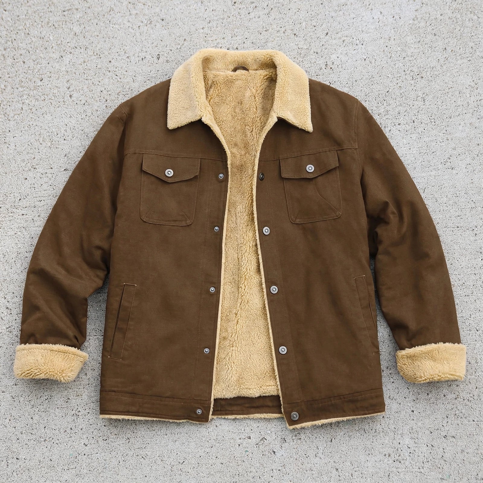 Men's sherpa-lined canvas work jacket in brown — alternate view