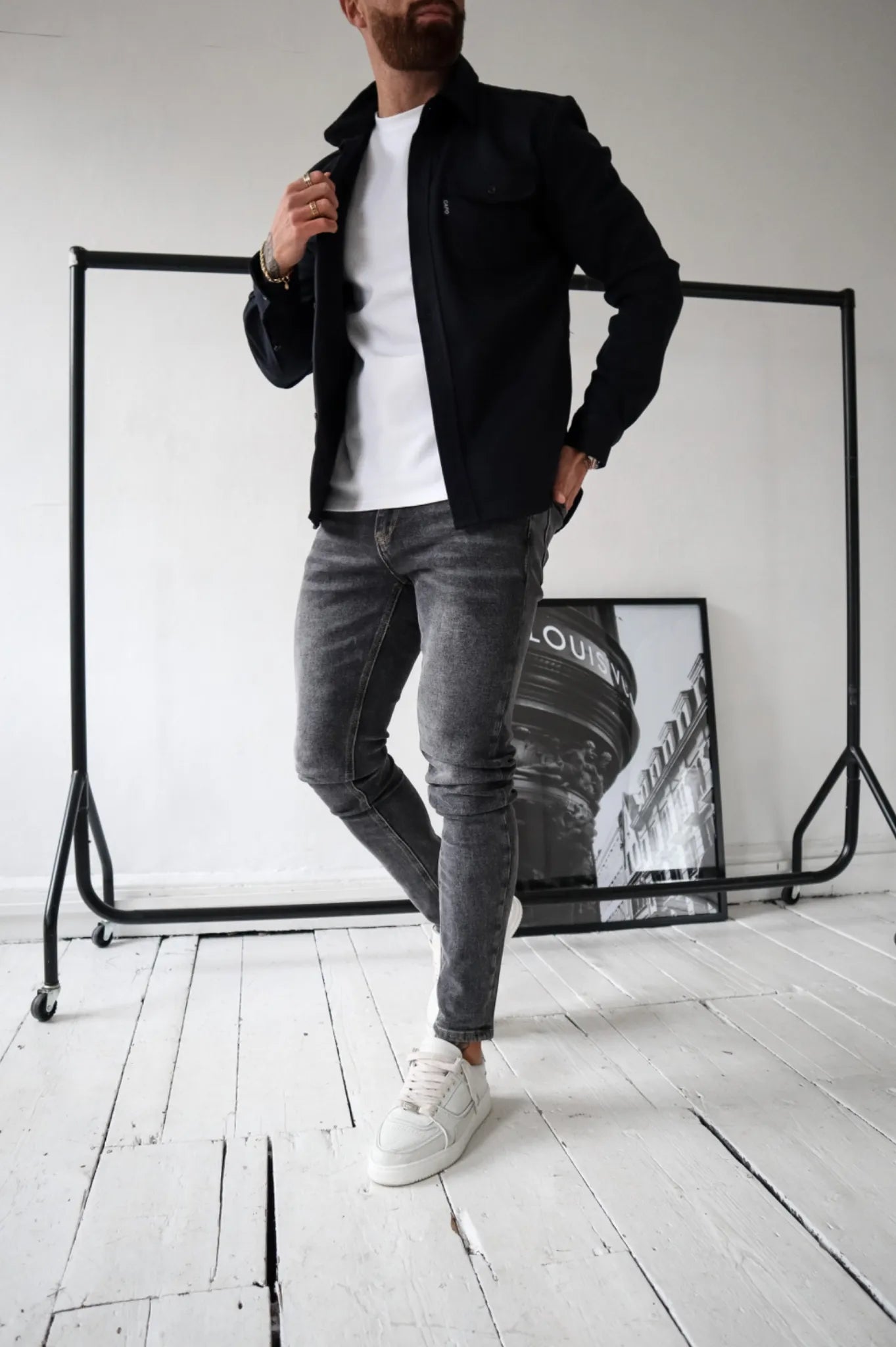 Men's chest pocket overshirt jacket in black — additional view