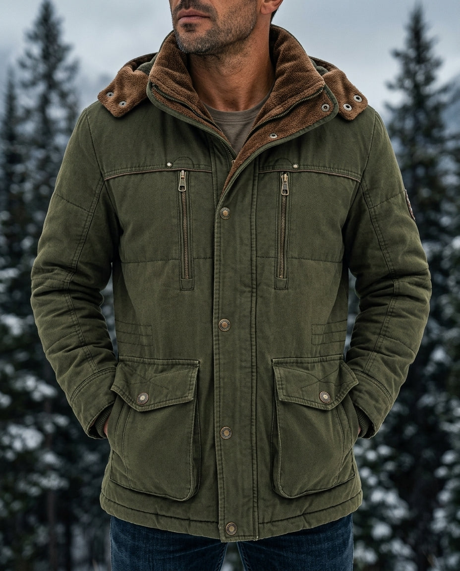 Men's insulated hooded jacket in olive
