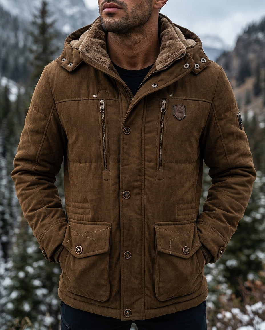 Men's insulated hooded jacket in brown — detail view