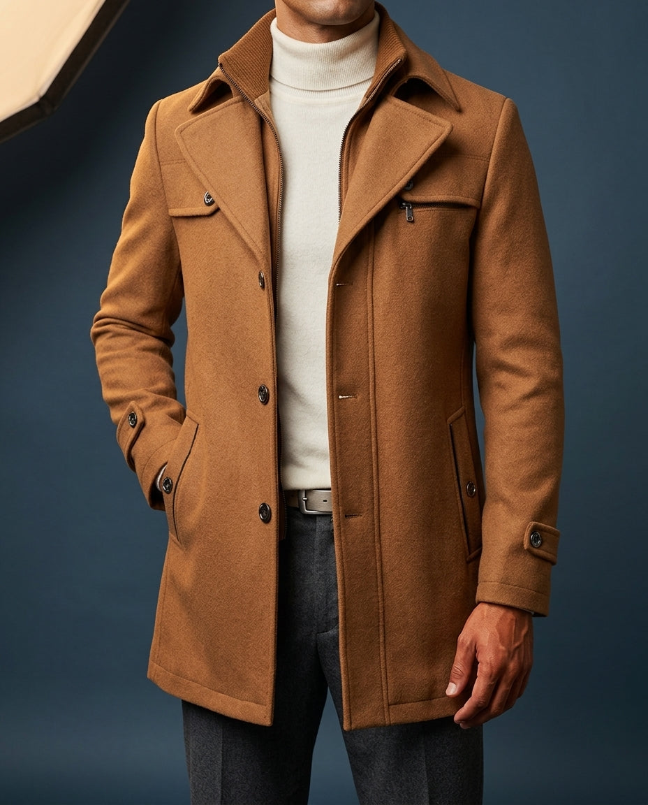 Men's ribbed collar wool overcoat in tan