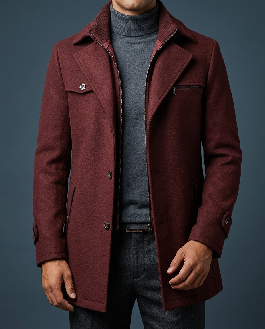 Men's ribbed collar wool overcoat in wine — alternate view