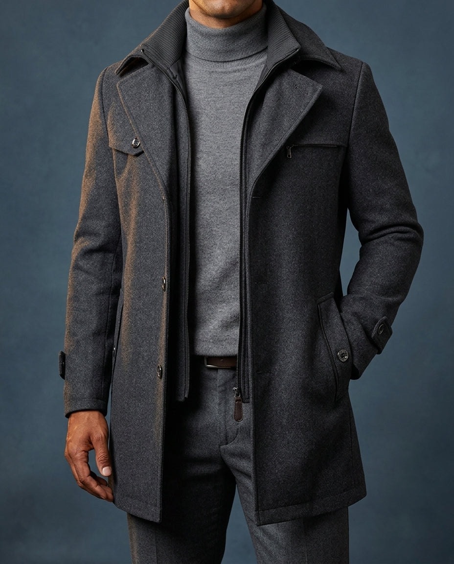 Men's ribbed collar wool overcoat in gray — detail view