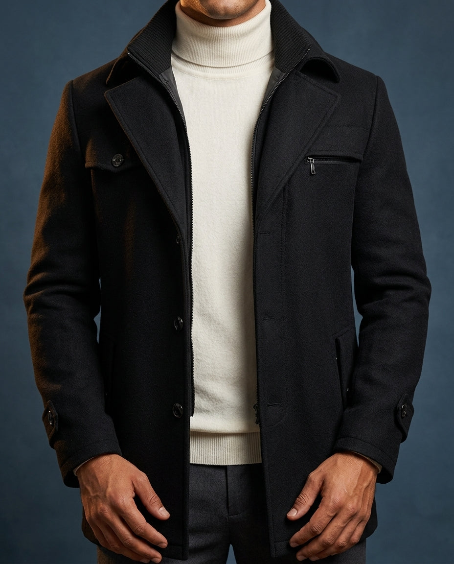 Men's ribbed collar wool overcoat in black — additional view