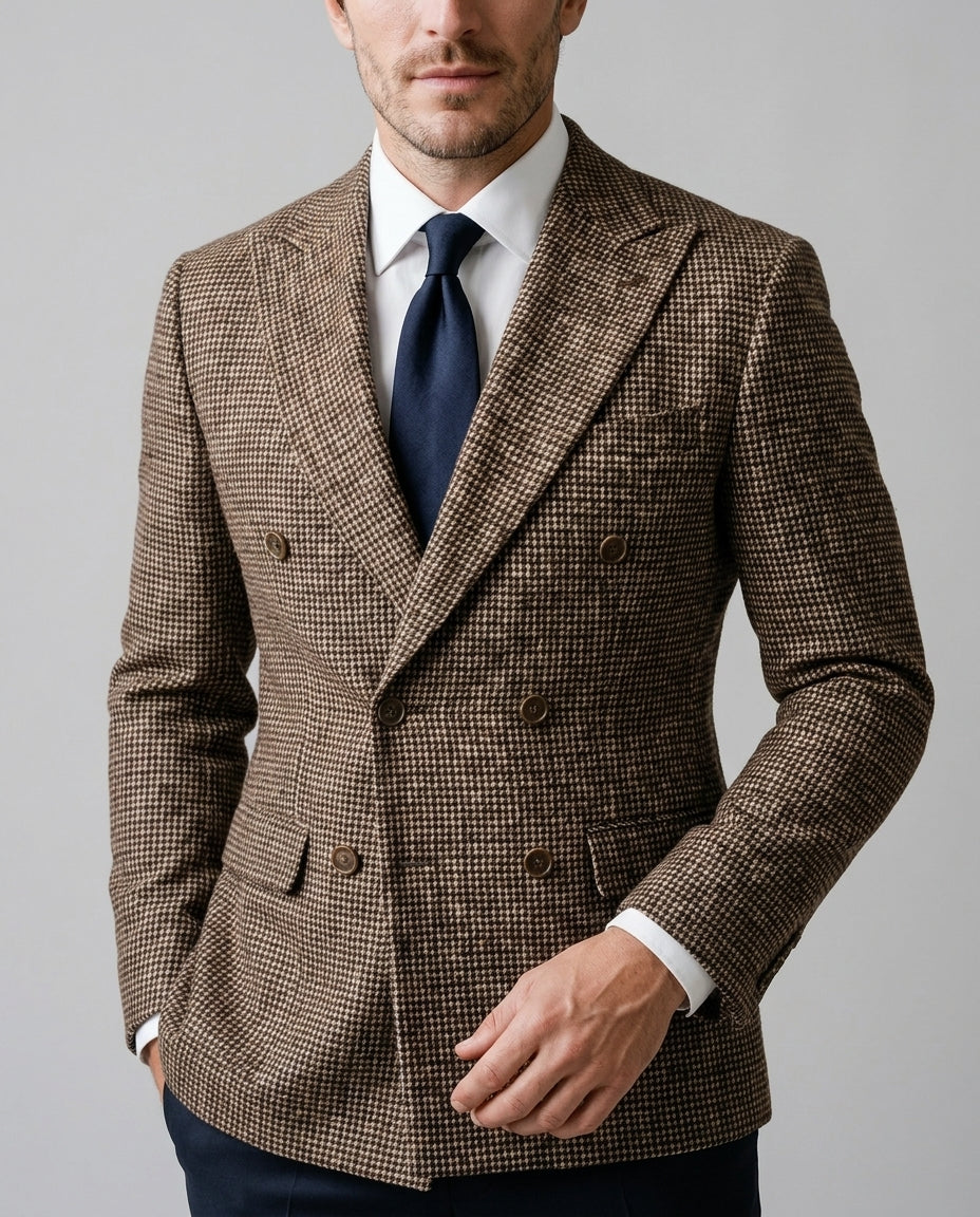 Men's double-breasted checked blazer in brown