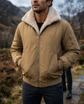 Men's faux fur lined bomber jacket in brown