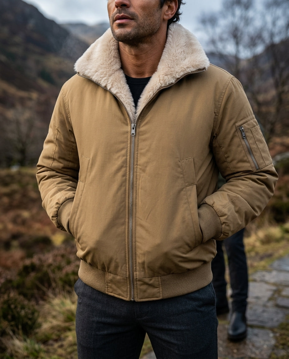 Men's faux fur lined bomber jacket in brown