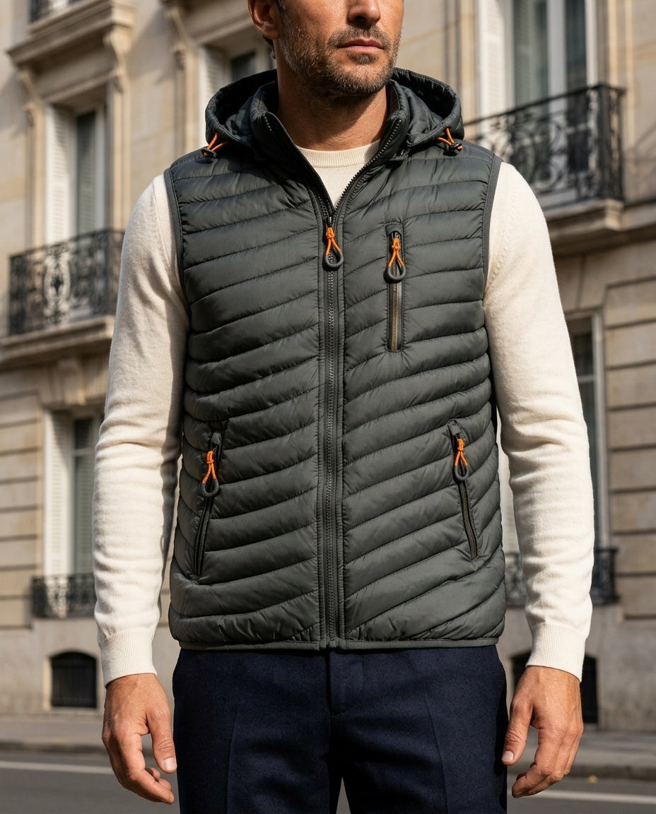 Men's windproof insulated puffer vest in army green — detail view