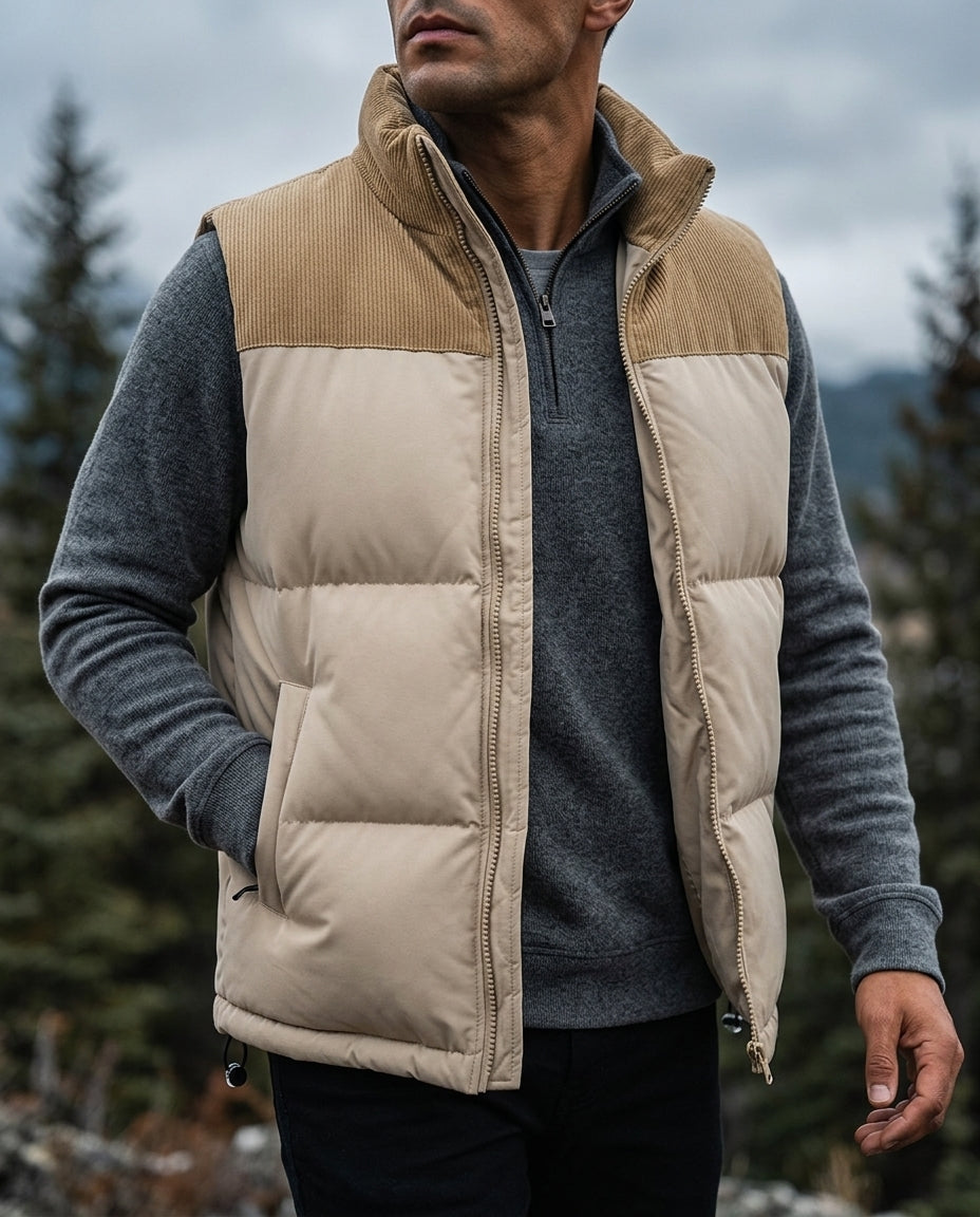 Men's wind-resistant quilted puffer vest in beige