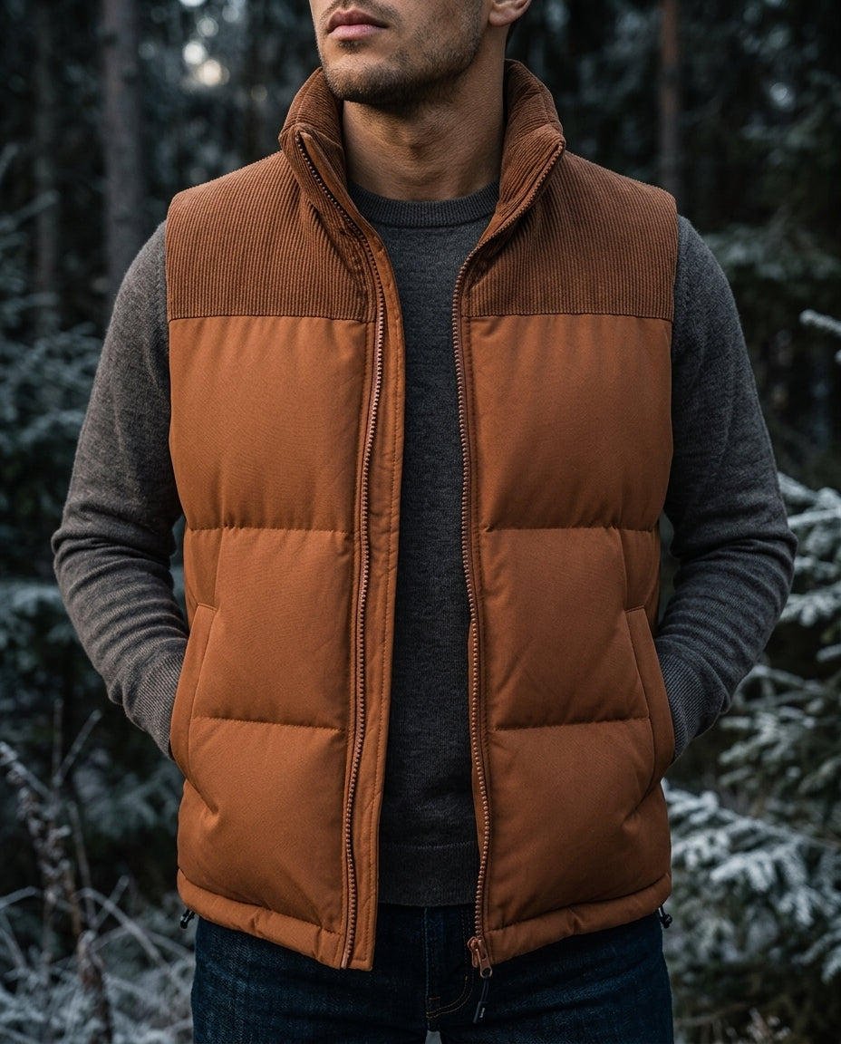 Men's wind-resistant quilted puffer vest in brown — alternate view