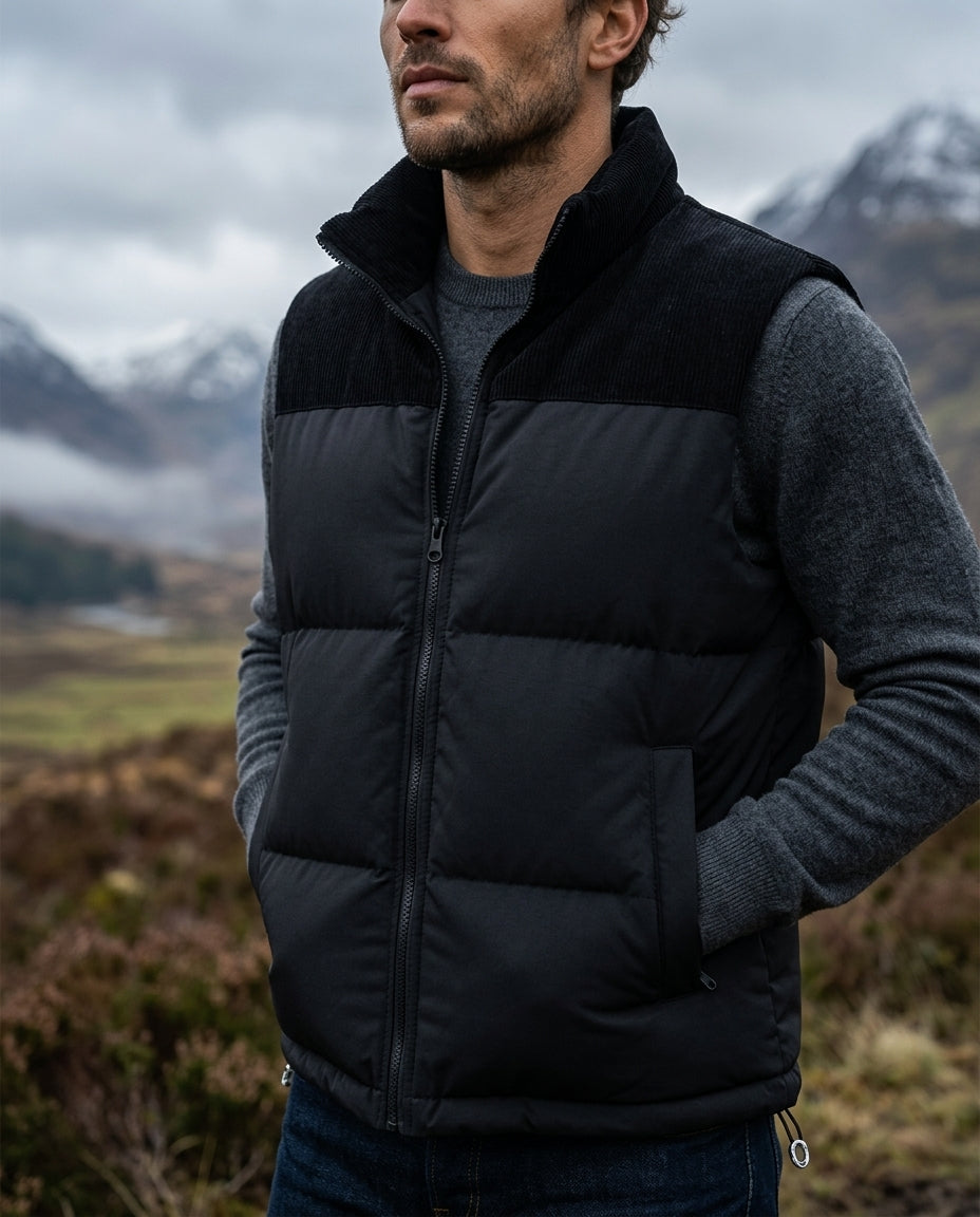 Men's wind-resistant quilted puffer vest in black — detail view