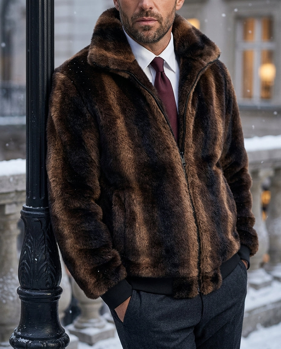 Men's oversized faux fur varsity jacket in brown