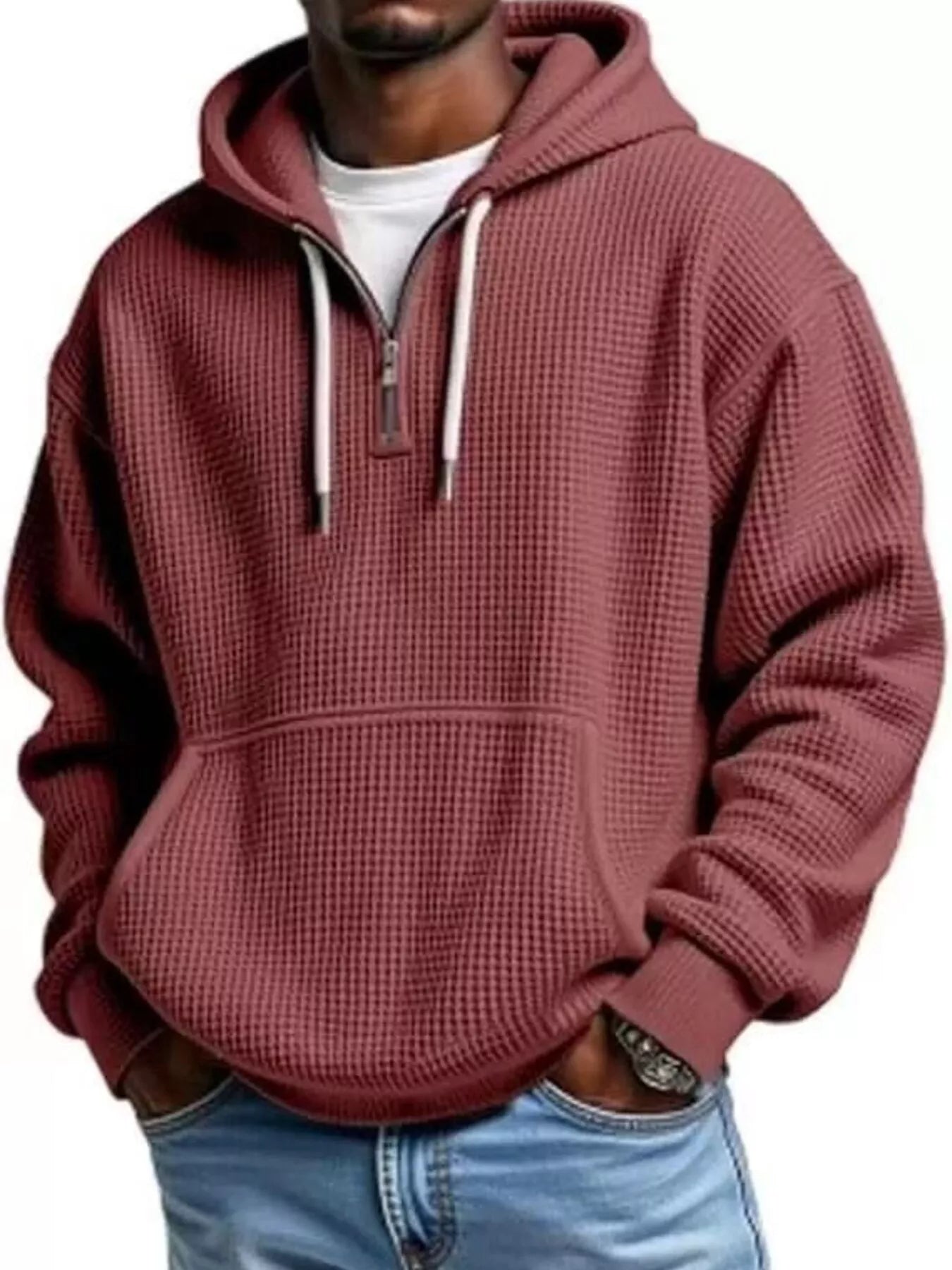 Men's half-zip waffle-knit hoodie in rust — additional view