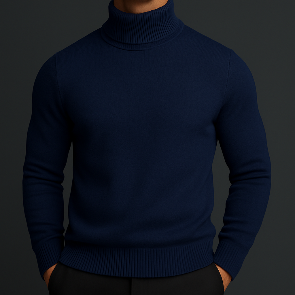 Men's wool turtleneck knit sweater in blue — additional view