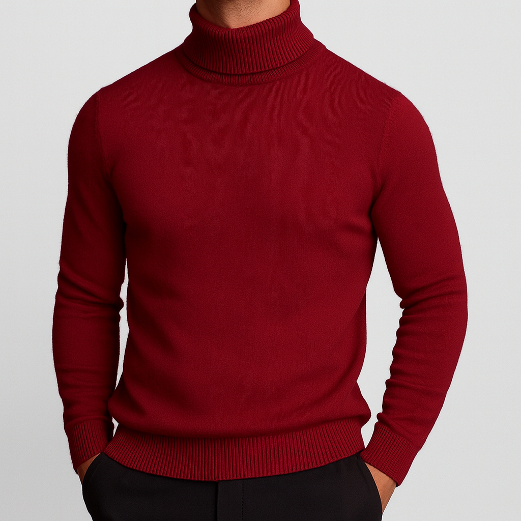 Men's wool turtleneck knit sweater in red — additional view