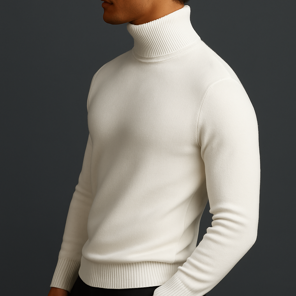 Men's wool turtleneck knit sweater — detail view
