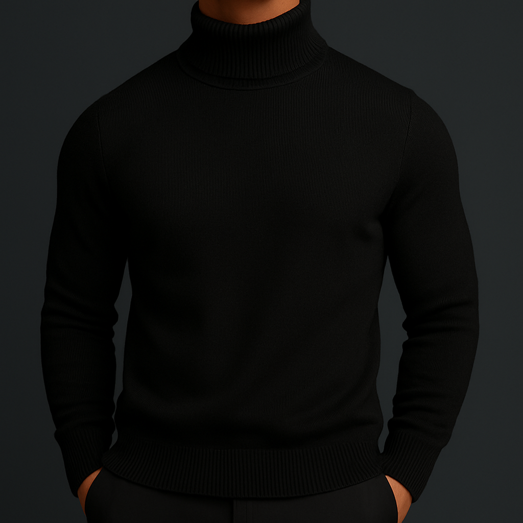 Men's wool turtleneck knit sweater in black — additional view