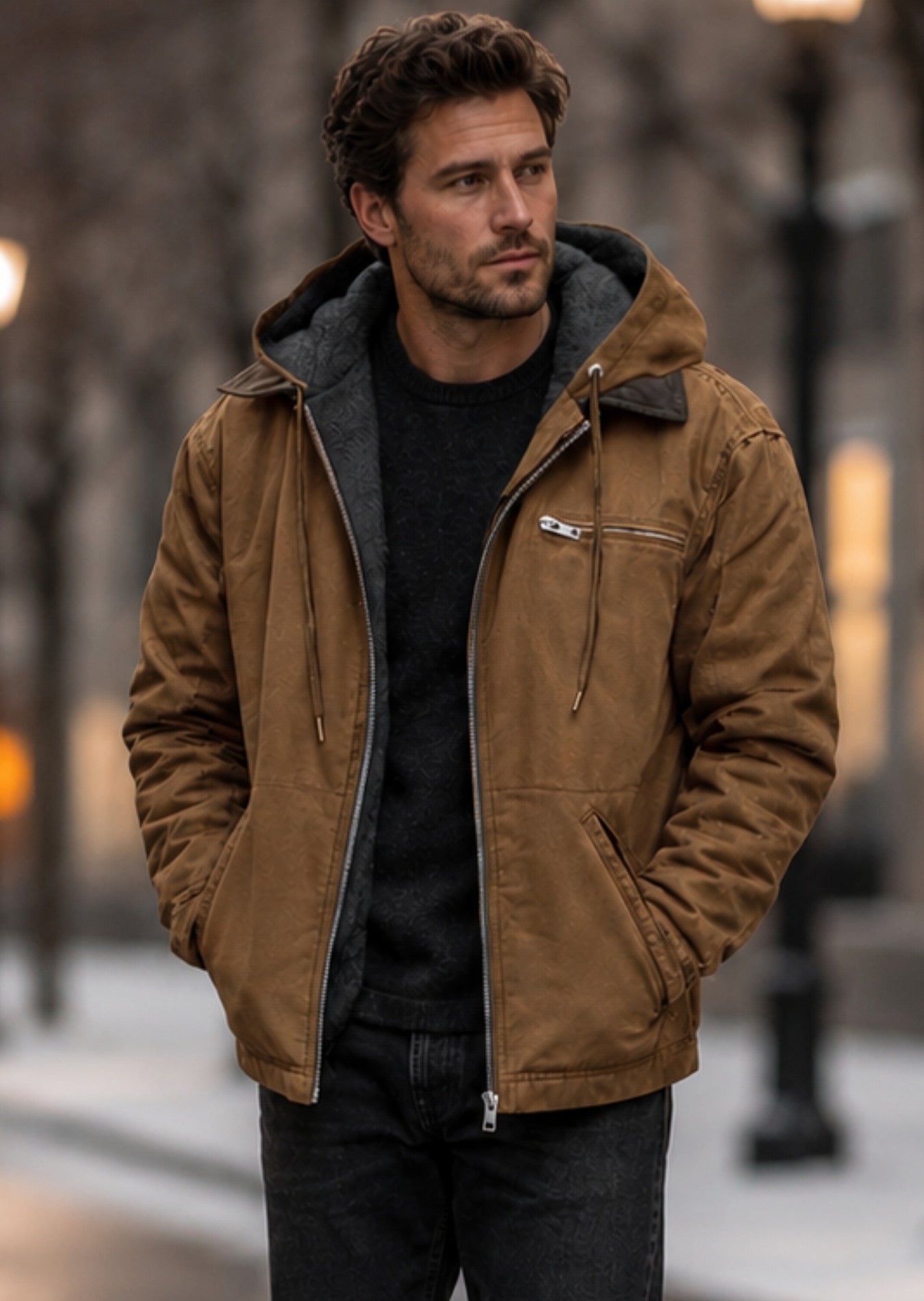 Men's windproof hooded winter parka in brown