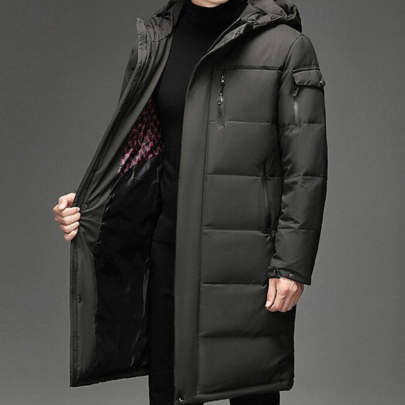 Men's hooded long winter coat — detail view