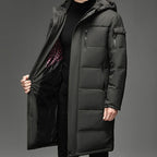 Men's hooded long winter coat — detail view