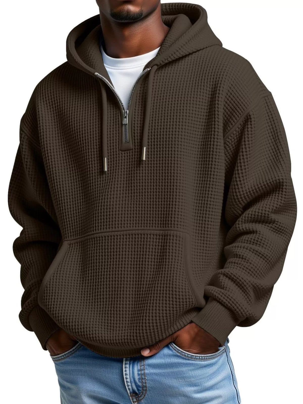 Men's half-zip waffle-knit hoodie in chocolate — detail view
