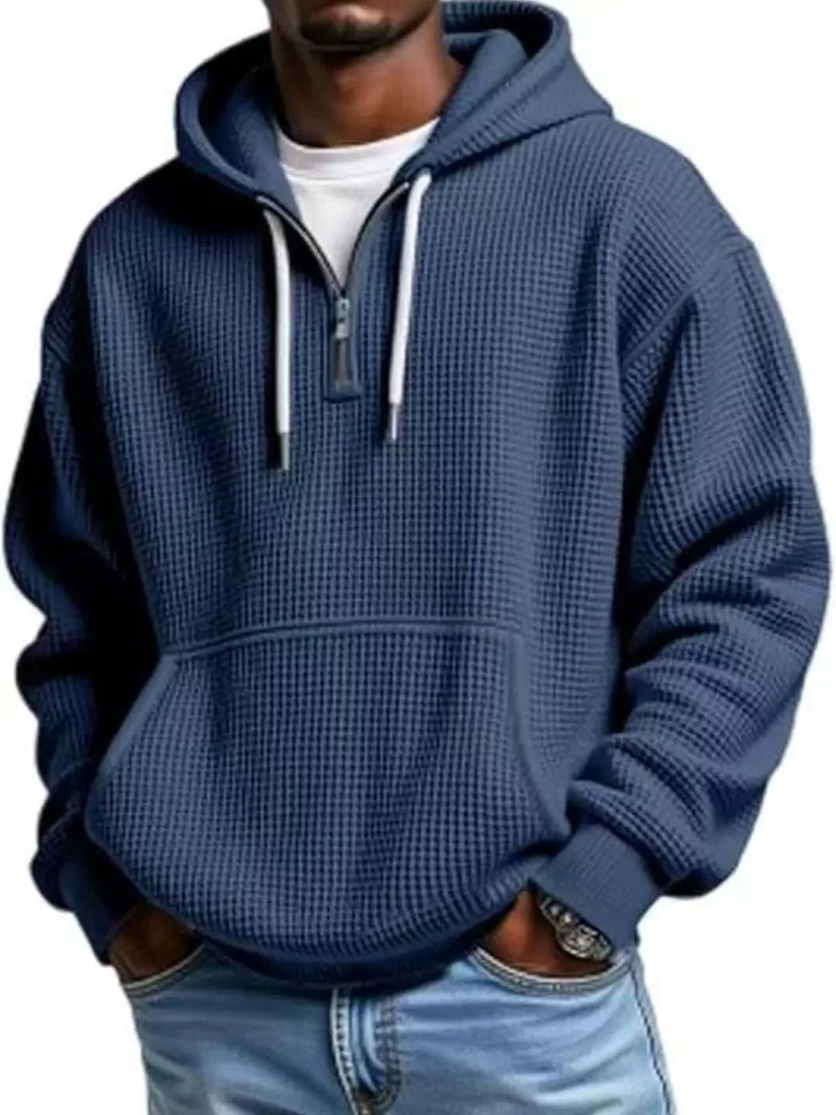 Men's half-zip waffle-knit hoodie in navy blue — additional view