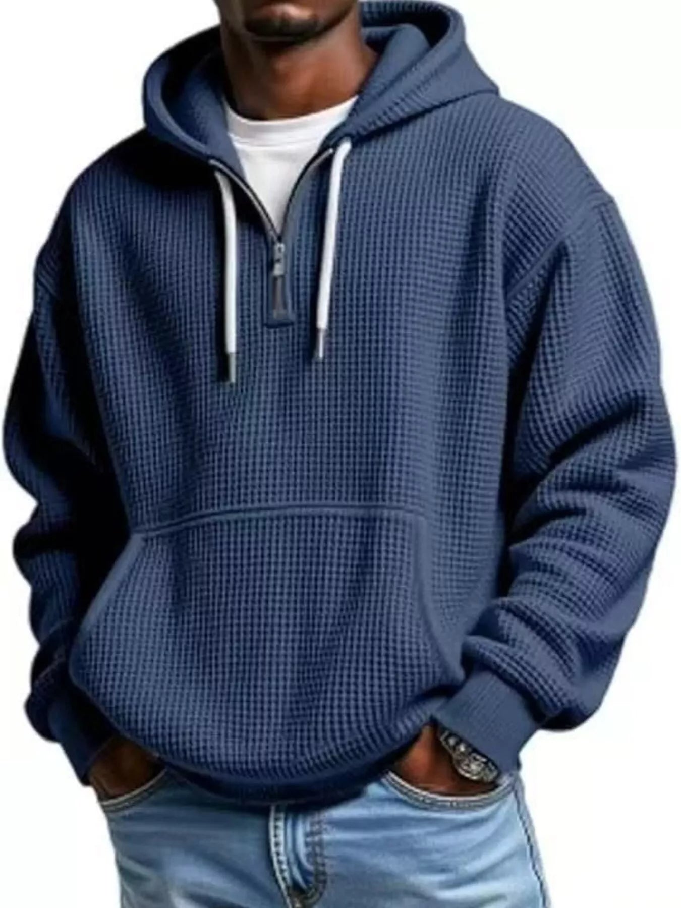 Men's half-zip waffle-knit hoodie in navy blue — additional view
