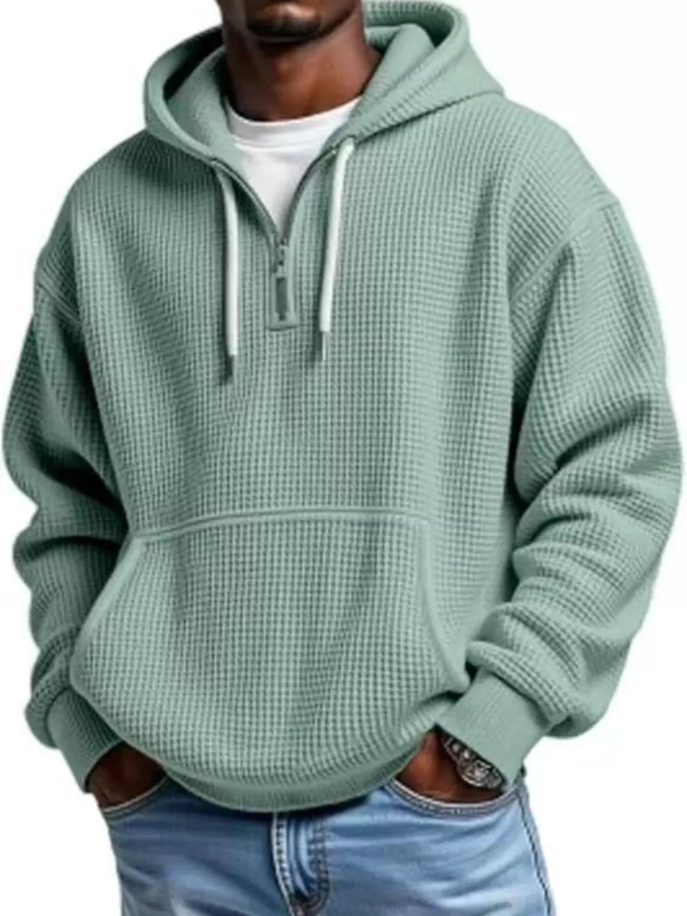 Men's half-zip waffle-knit hoodie in sage — additional view