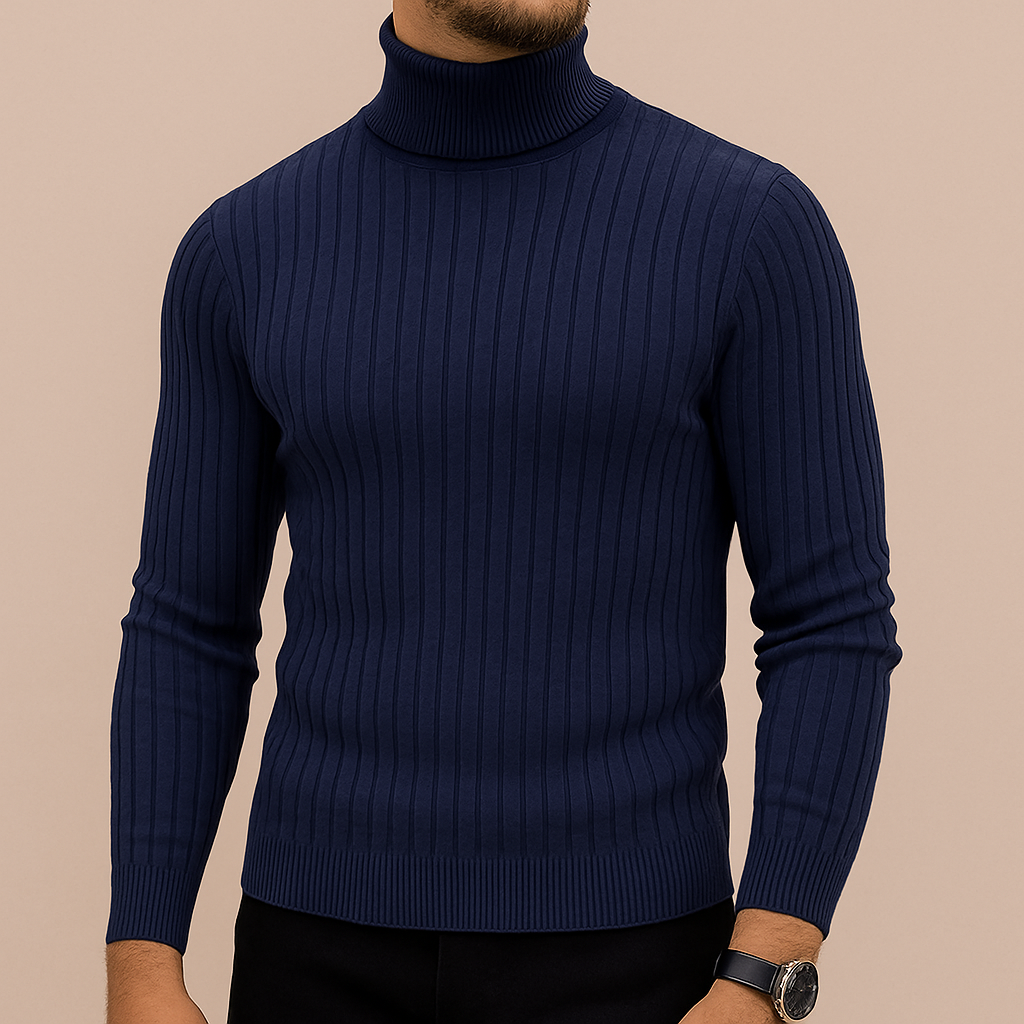 Men's slim-fit turtleneck sweater in darkblue — detail view