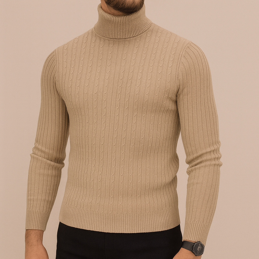 Men's slim-fit turtleneck sweater in beige — additional view
