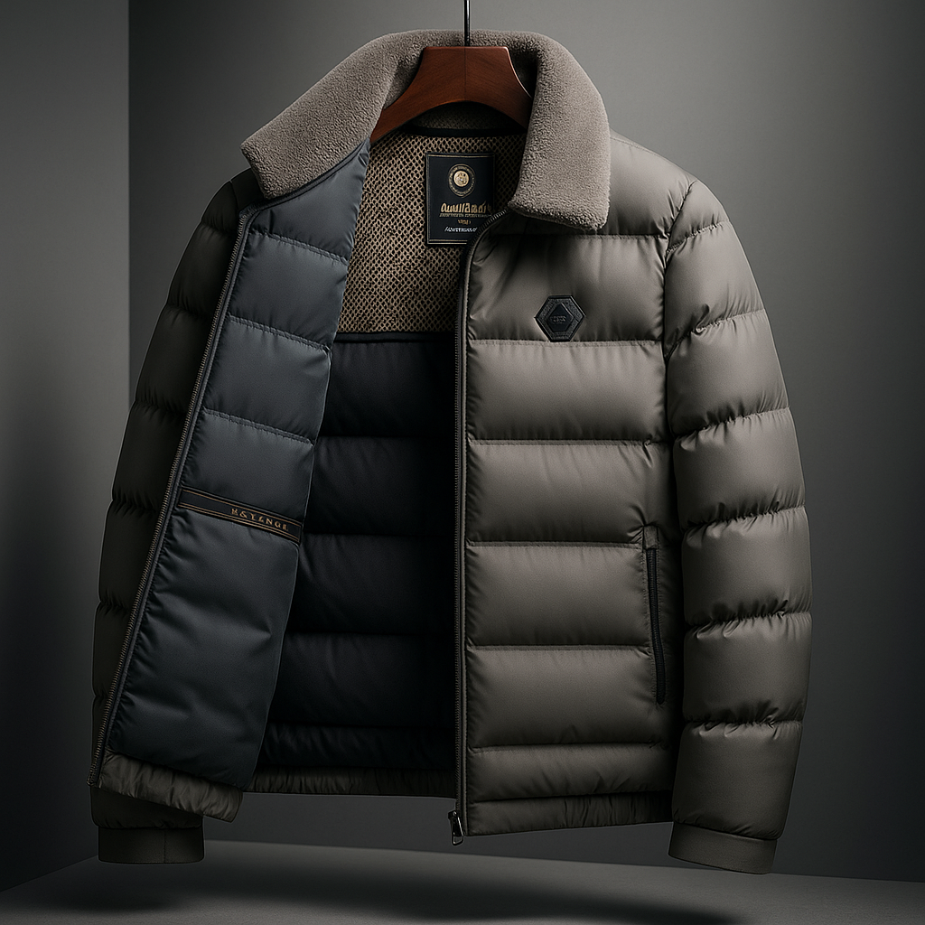 Men's insulated hooded down jacket in gray — detail view