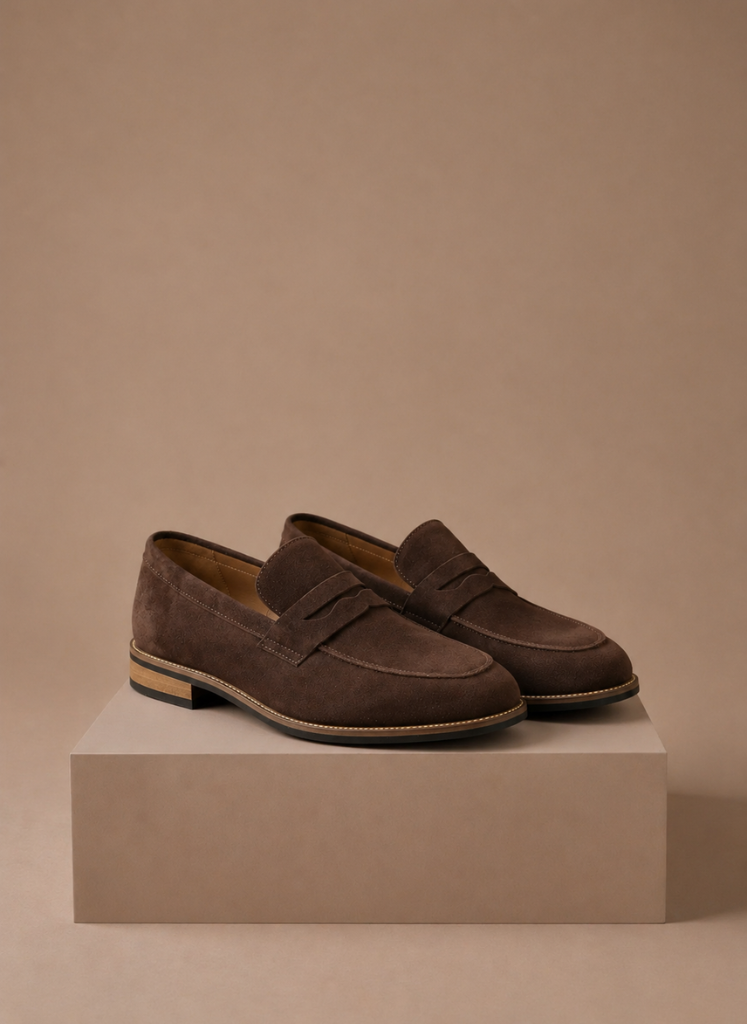 Men's suede penny dress loafers in brown