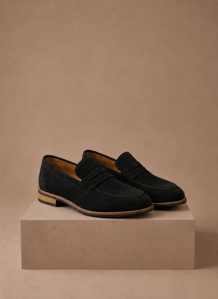 Men's suede penny dress loafers in black — detail view