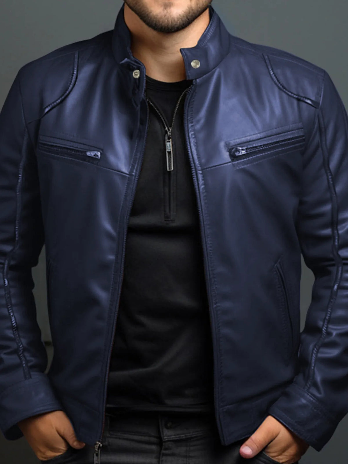 Men's zip-front faux leather biker jacket in navy blue — additional view