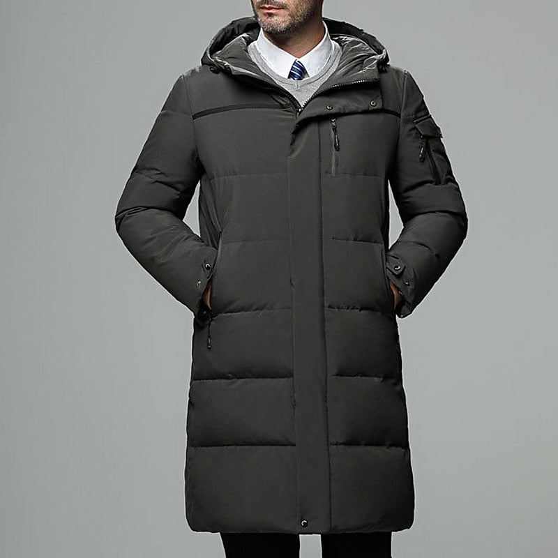 Men's hooded longline puffer coat in gray — detail view