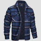 Men's checked flannel padded overshirt in dark blue — alternate view
