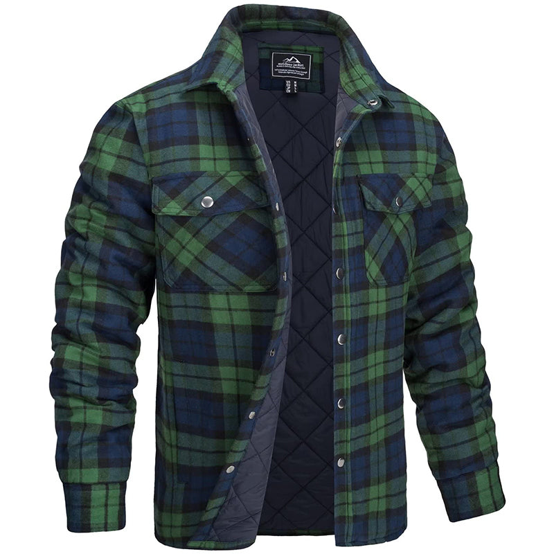 Men's checked flannel padded overshirt in dark green — detail view