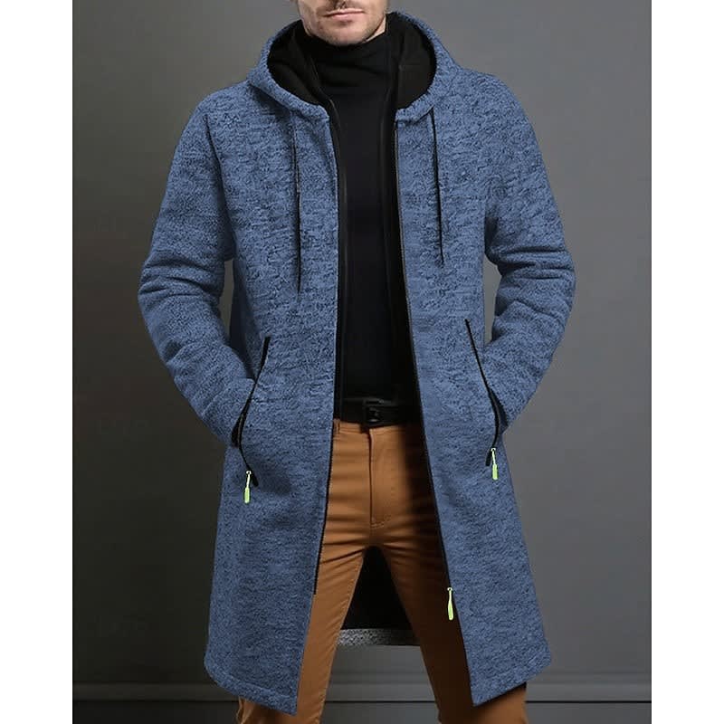 Men's zip-up hooded knit overcoat in blue — alternate view