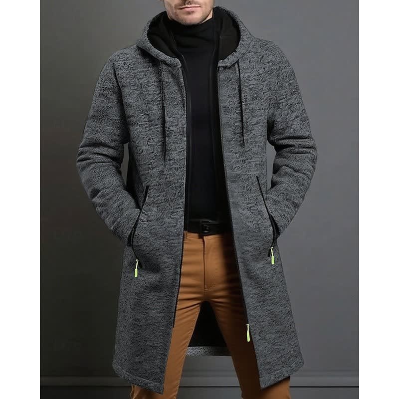 Men's zip-up hooded knit overcoat in dark gray — detail view