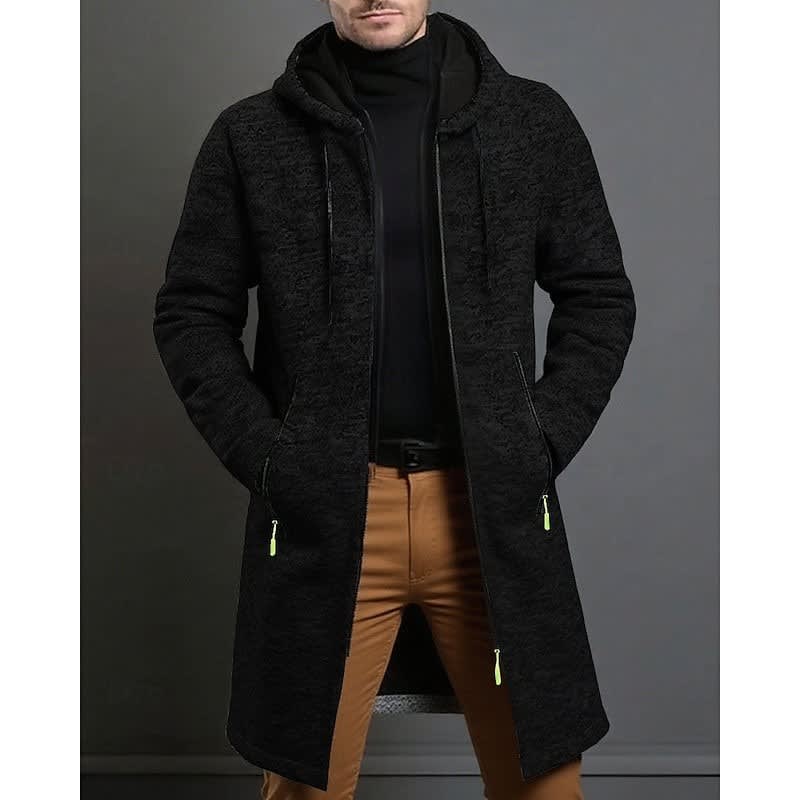 Men's zip-up hooded knit overcoat in black — additional view