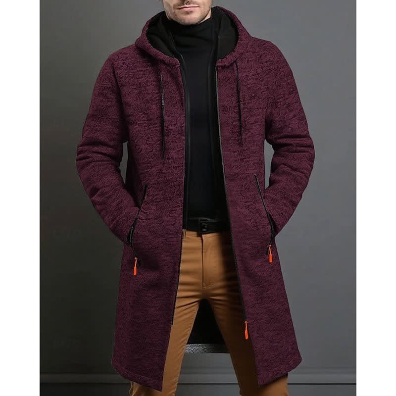 Men's zip-up hooded knit overcoat in dark red — additional view