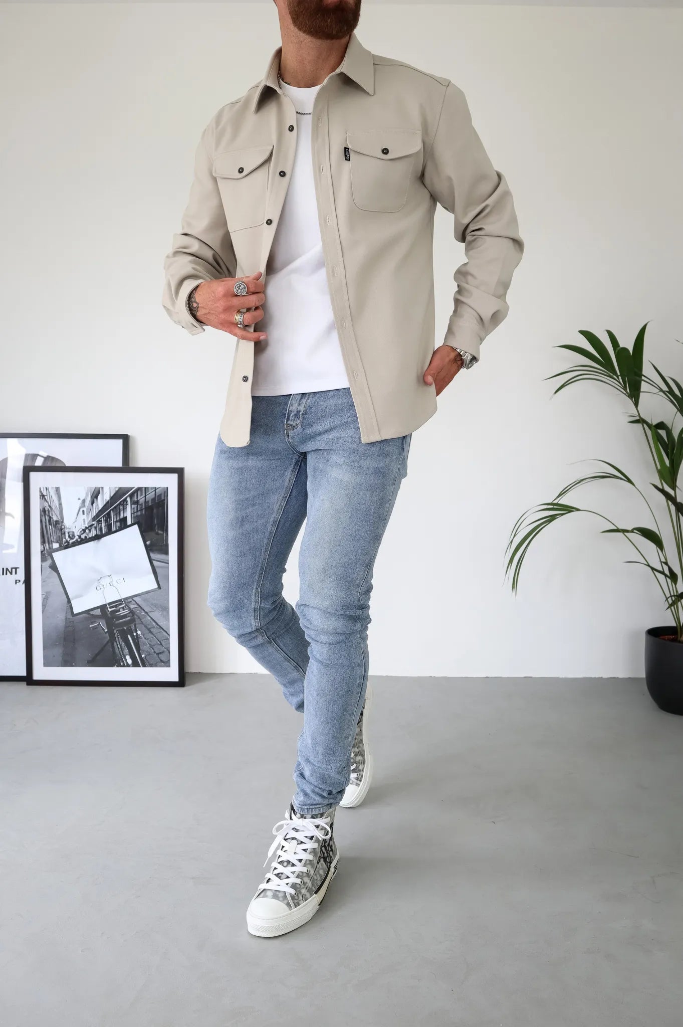 Men's chest pocket overshirt jacket in beige — alternate view