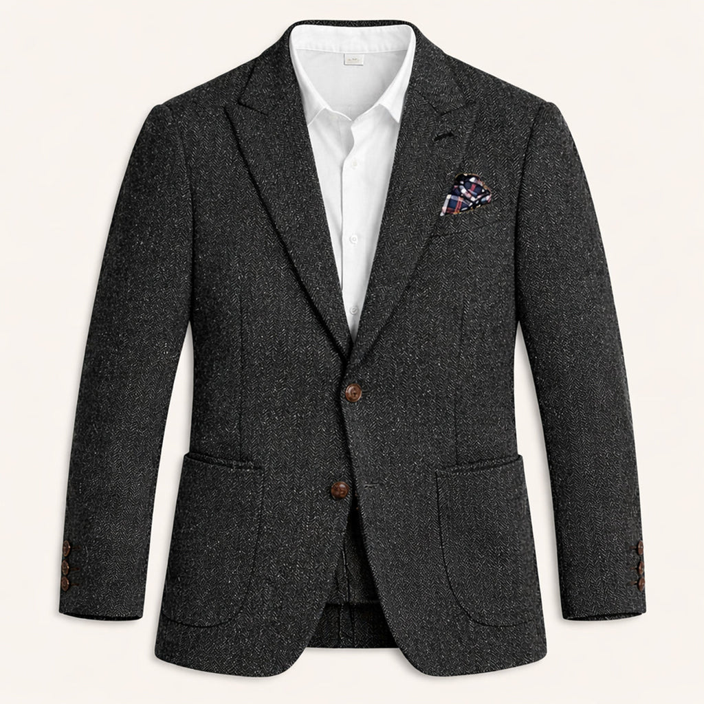 Men's single-breasted herringbone blazer — detail view